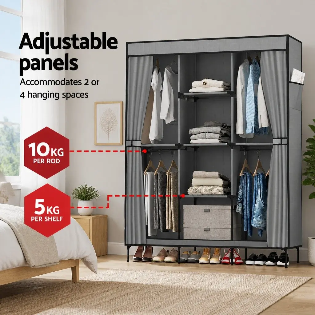 Large Portable Wardrobe Closet Grey Fabric Storage Organizer with Shelves and Hanging Rods