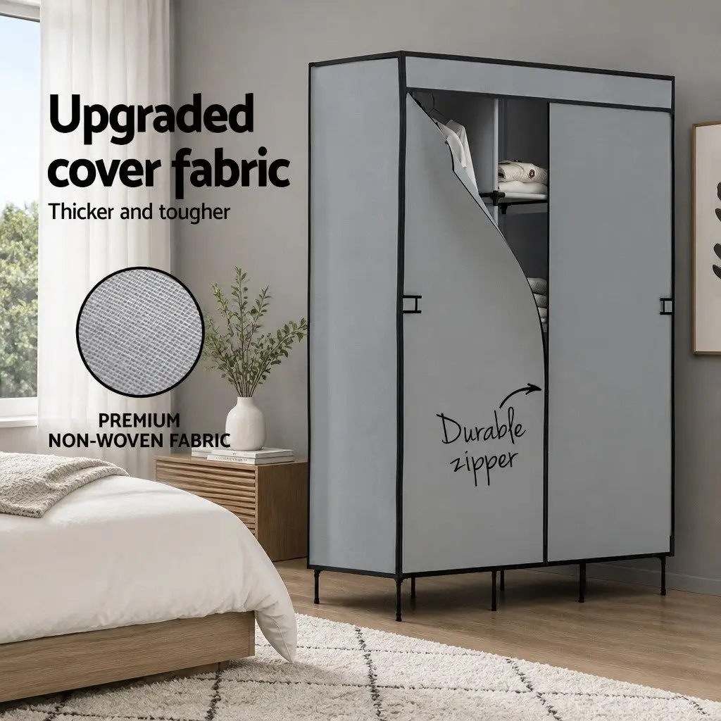 Large Portable Wardrobe Closet Grey Fabric Storage Organizer with Shelves and Hanging Rods