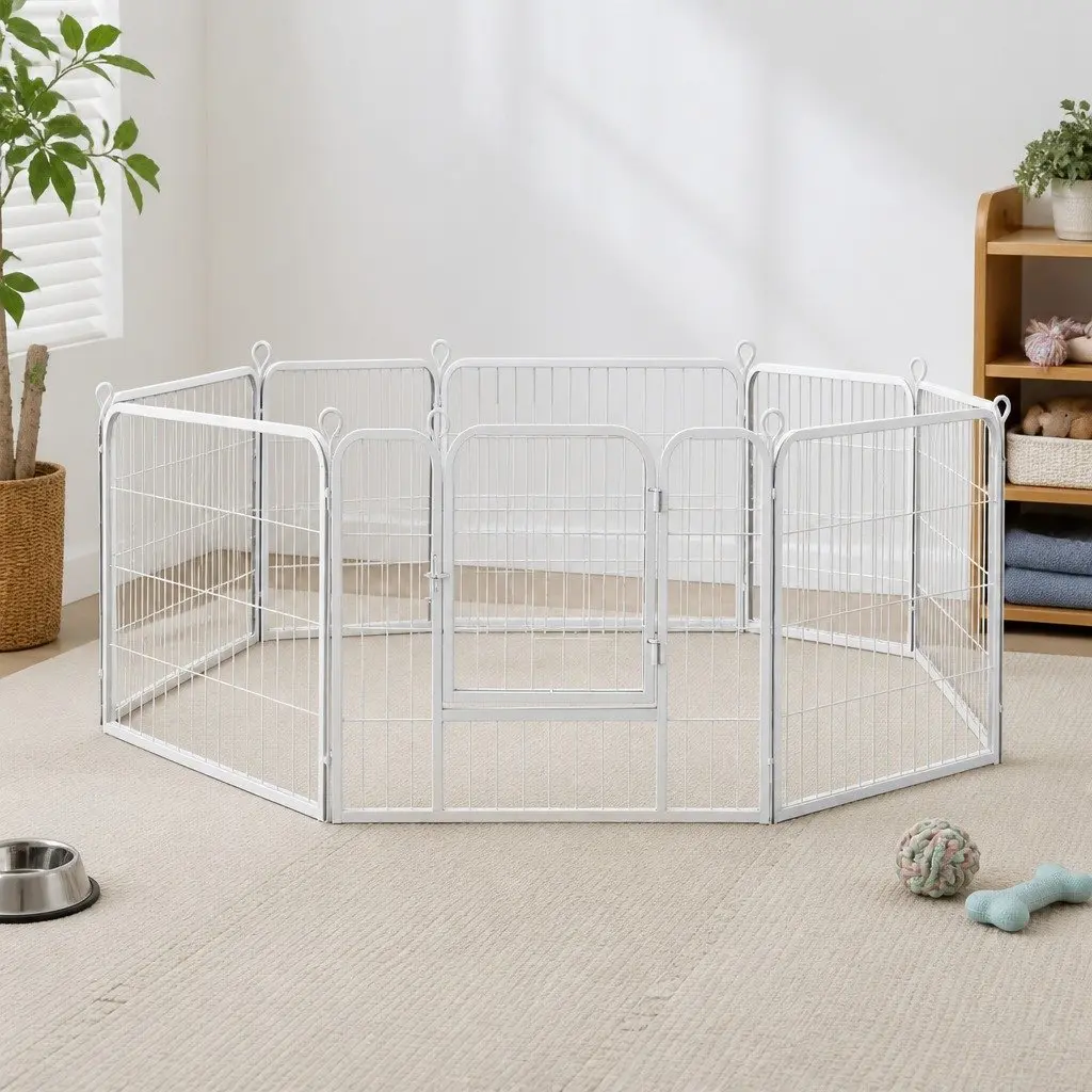 8 Panel Pet Playpen White Foldable Portable Exercise Pen with Step-through Door and Lockable Gate