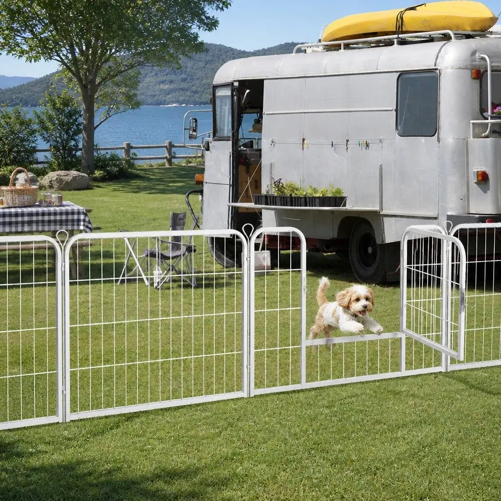 8 Panel Pet Playpen White Foldable Portable Exercise Pen with Step-through Door and Lockable Gate