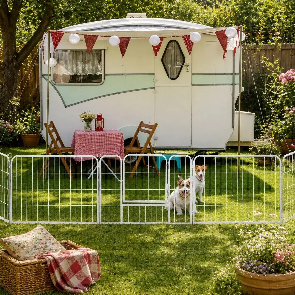 8 Panel Pet Playpen White Foldable Portable Exercise Pen with Step-through Door and Lockable Gate