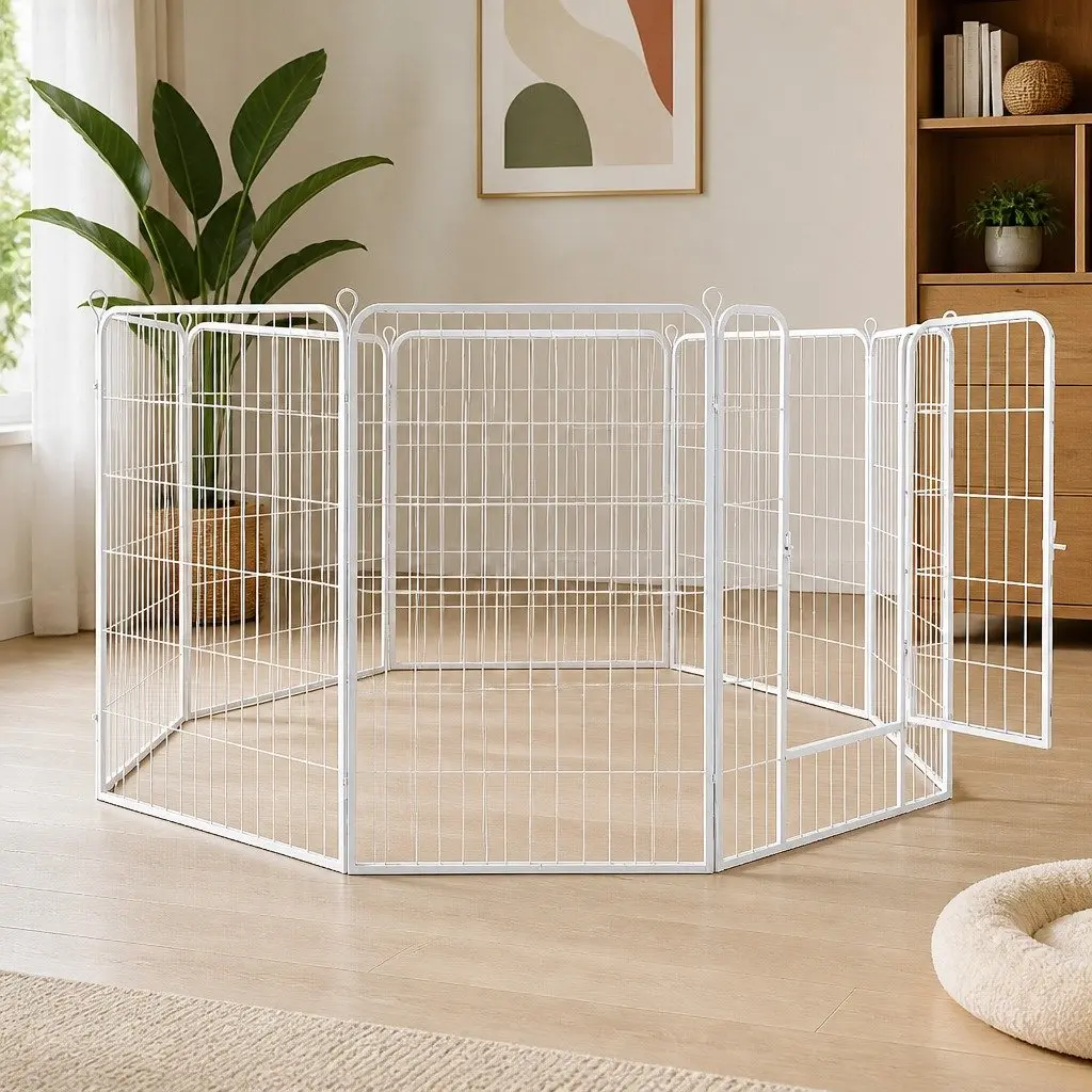 Pet Playpen White 8 Panel Foldable Portable with Step Through Door