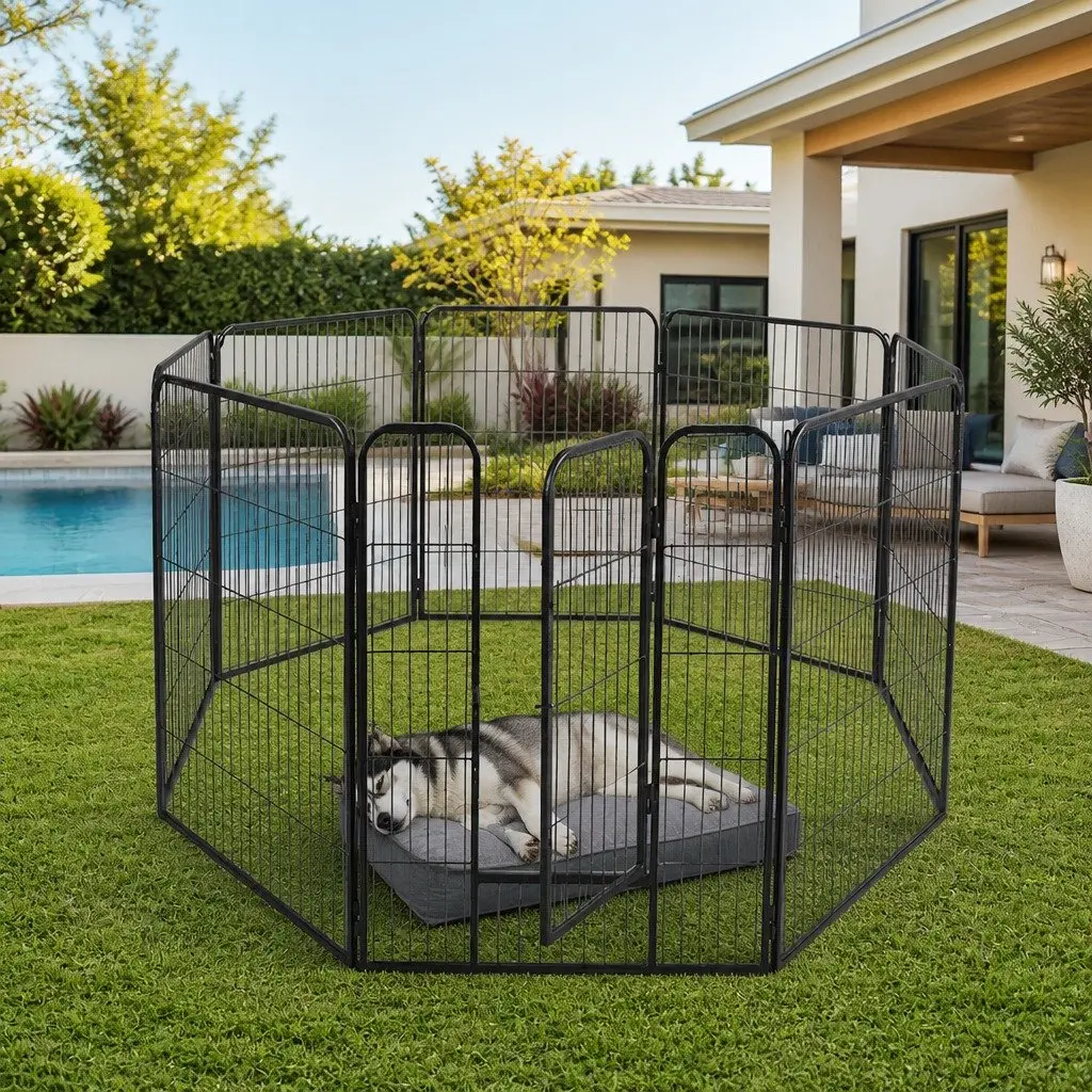 8 Panel Pet Playpen Black or White Portable Foldable Gate Indoor Outdoor Use