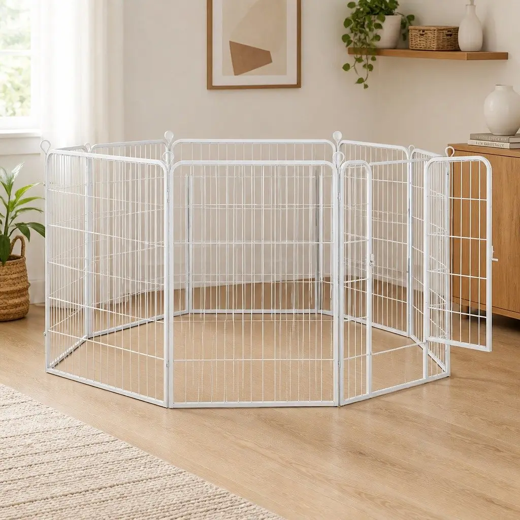 Pet Playpen White 48 Inch Foldable Portable Enclosure with Lockable Gate