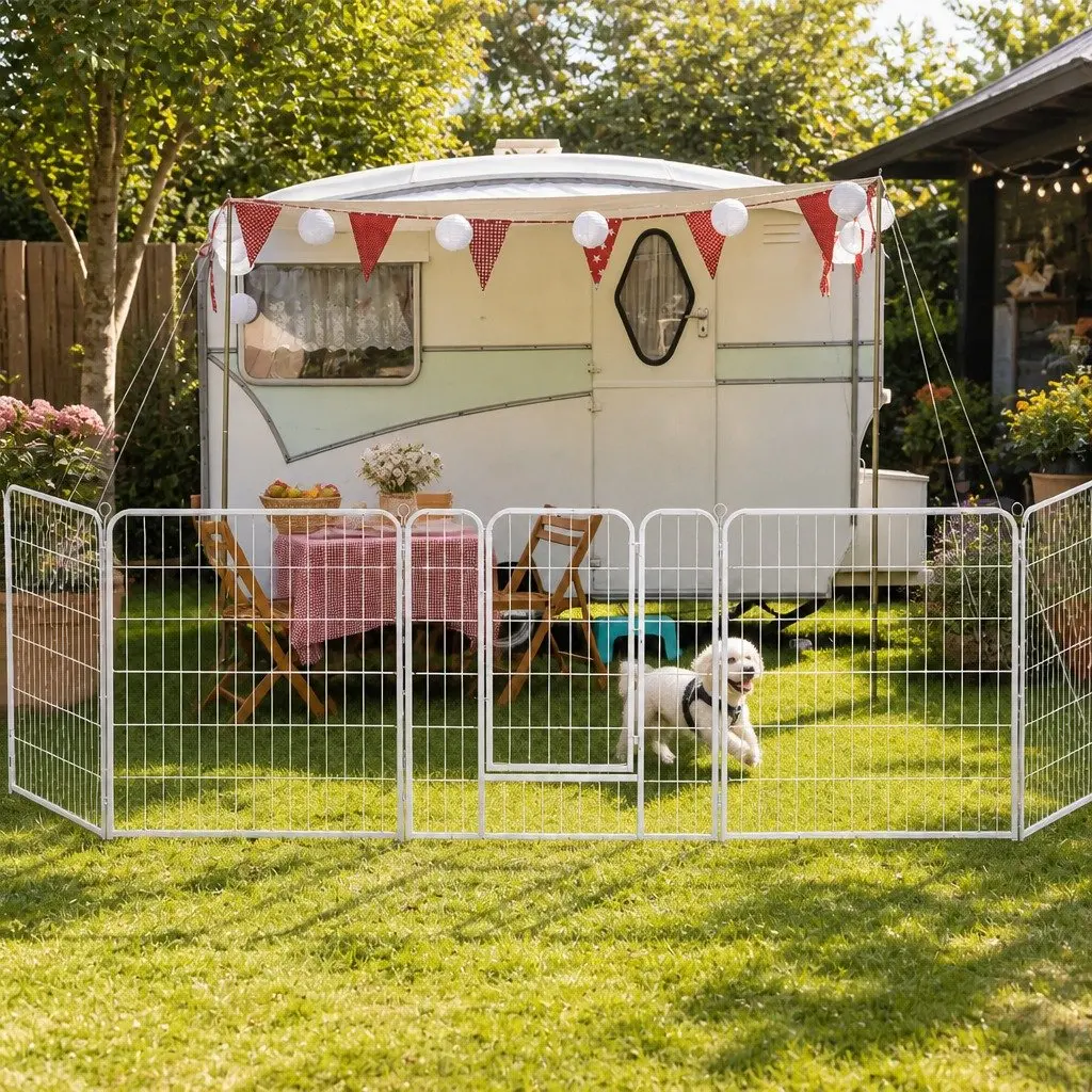 Pet Playpen White 48 Inch Foldable Portable Enclosure with Lockable Gate