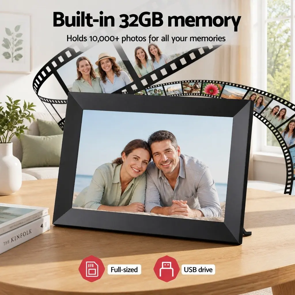 Digital Photo Frame Black 10.1 Inch WiFi Touch Screen High-Resolution Display 32GB Memory