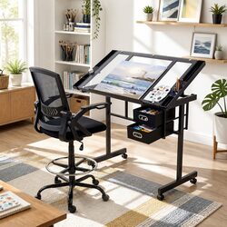 Concise Drafting Chair and Adjustable Drawing Desk Set