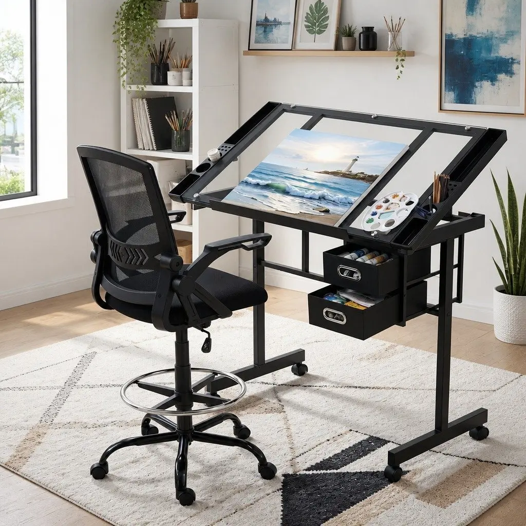 Drawing Table Silver Adjustable Ergonomic Office Chair Tempered Glass Desktop
