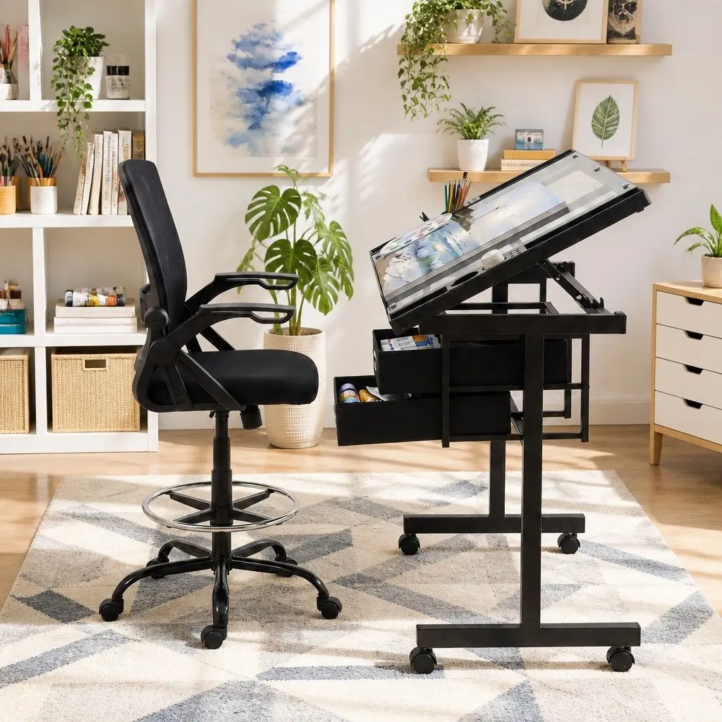Drawing Table Silver Adjustable Ergonomic Office Chair Tempered Glass Desktop