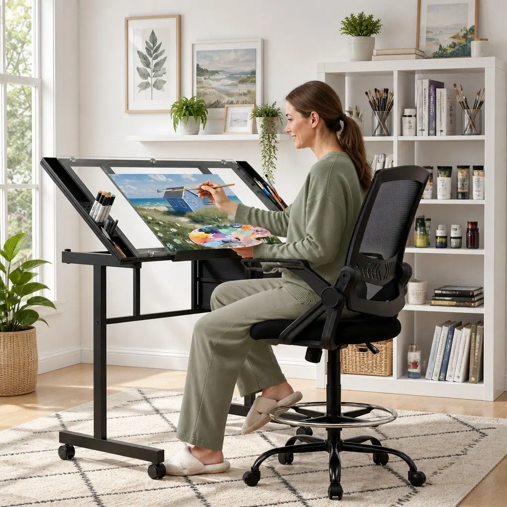 Drawing Table Silver Adjustable Ergonomic Office Chair Tempered Glass Desktop