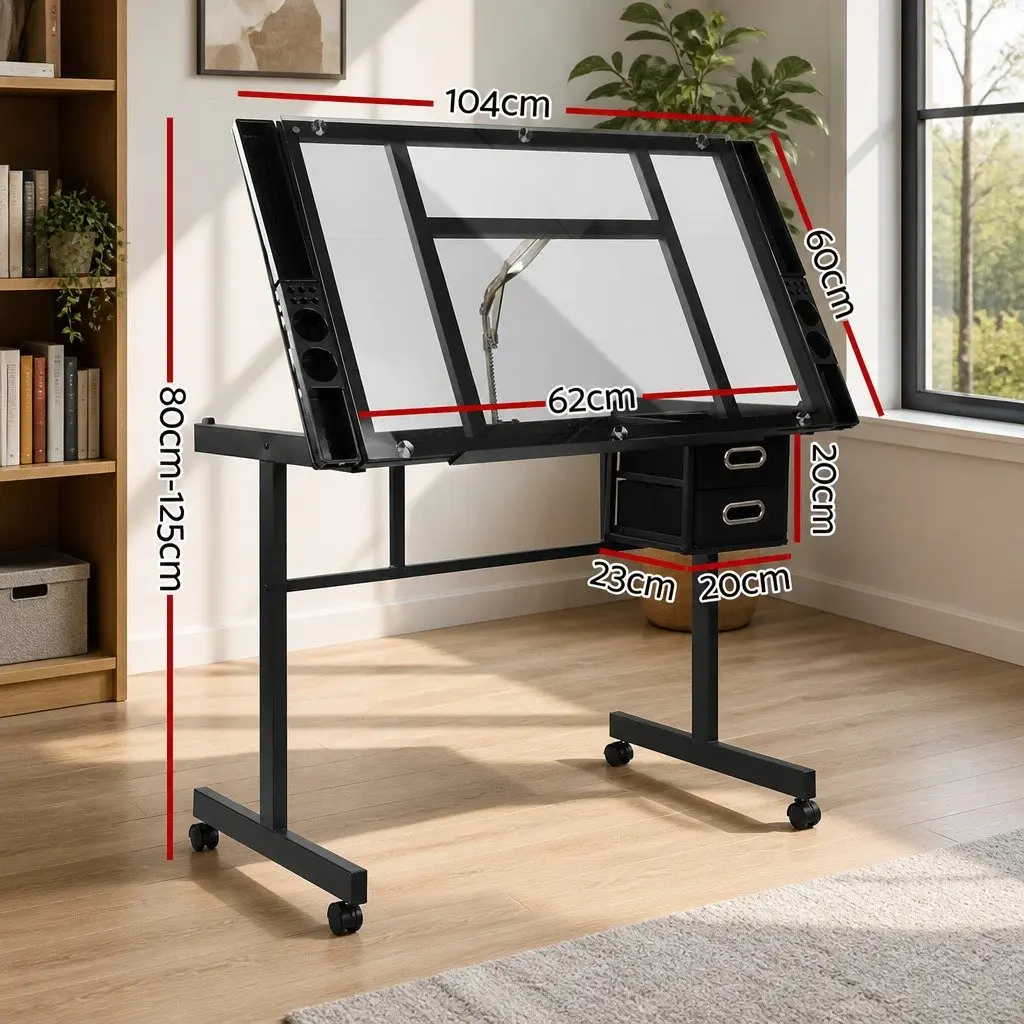 Drawing Desk Black Frame Grey Tempered Glass Adjustable Height with Storage Trays