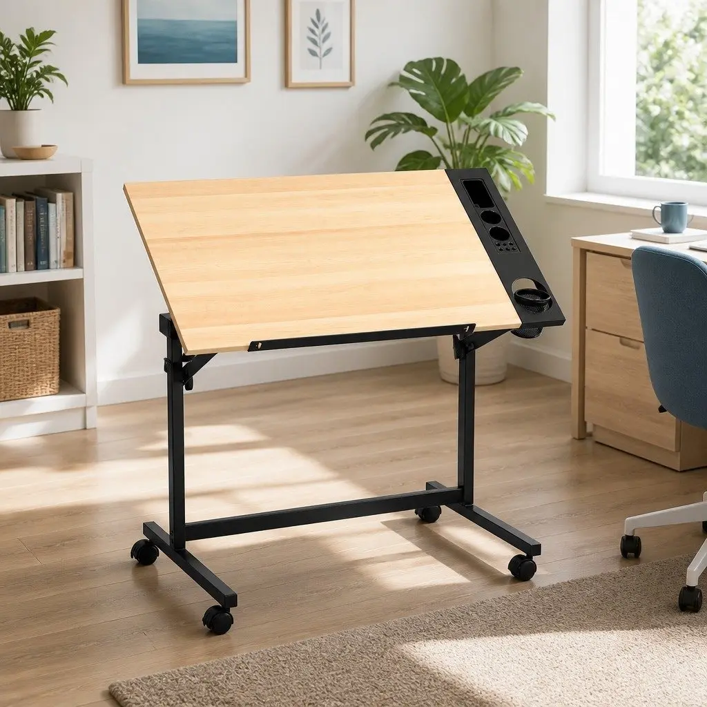 Drafting Table Oak Adjustable Desktop Angle Removable Tray Lockable Rolling Wheels