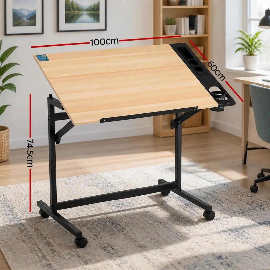 Drafting Table Oak Adjustable Desktop Angle Removable Tray Lockable Rolling Wheels