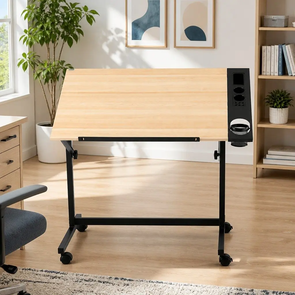 Drafting Table Oak Adjustable Desktop Angle Removable Tray Lockable Rolling Wheels