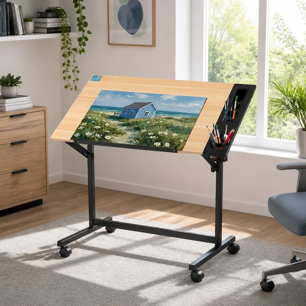 Drafting Table Oak Adjustable Desktop Angle Removable Tray Lockable Rolling Wheels
