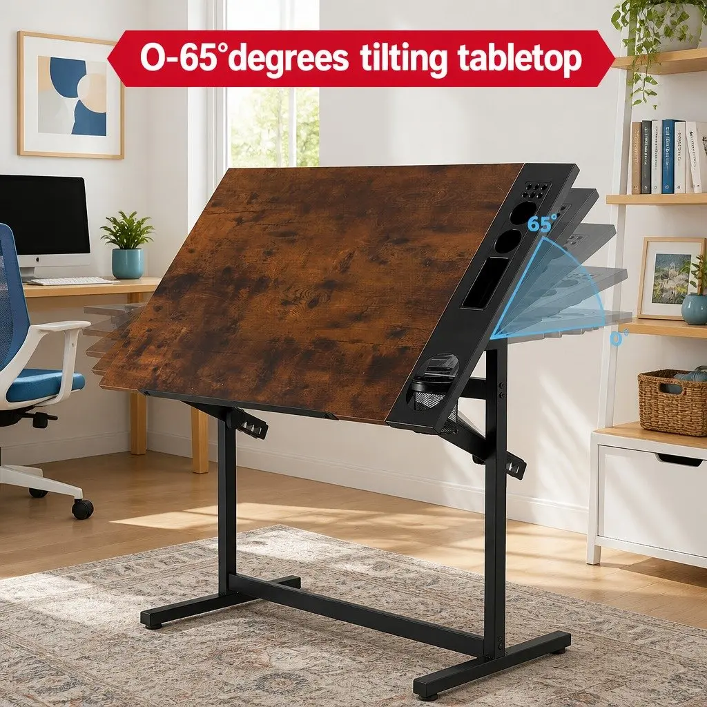 Drafting Table Rustic Brown MDF Adjustable Desktop with Removable Tray