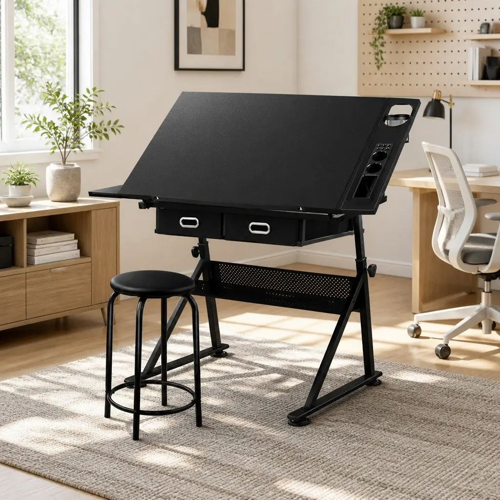Drawing Desk Stool Set Black Adjustable Tilt Height Angle