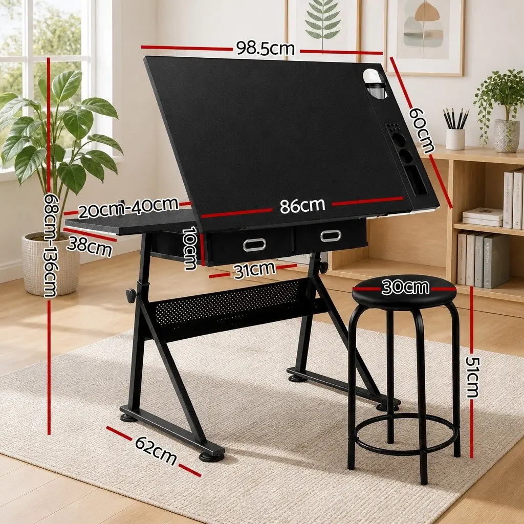 Drawing Desk Stool Set Black Adjustable Tilt Height Angle