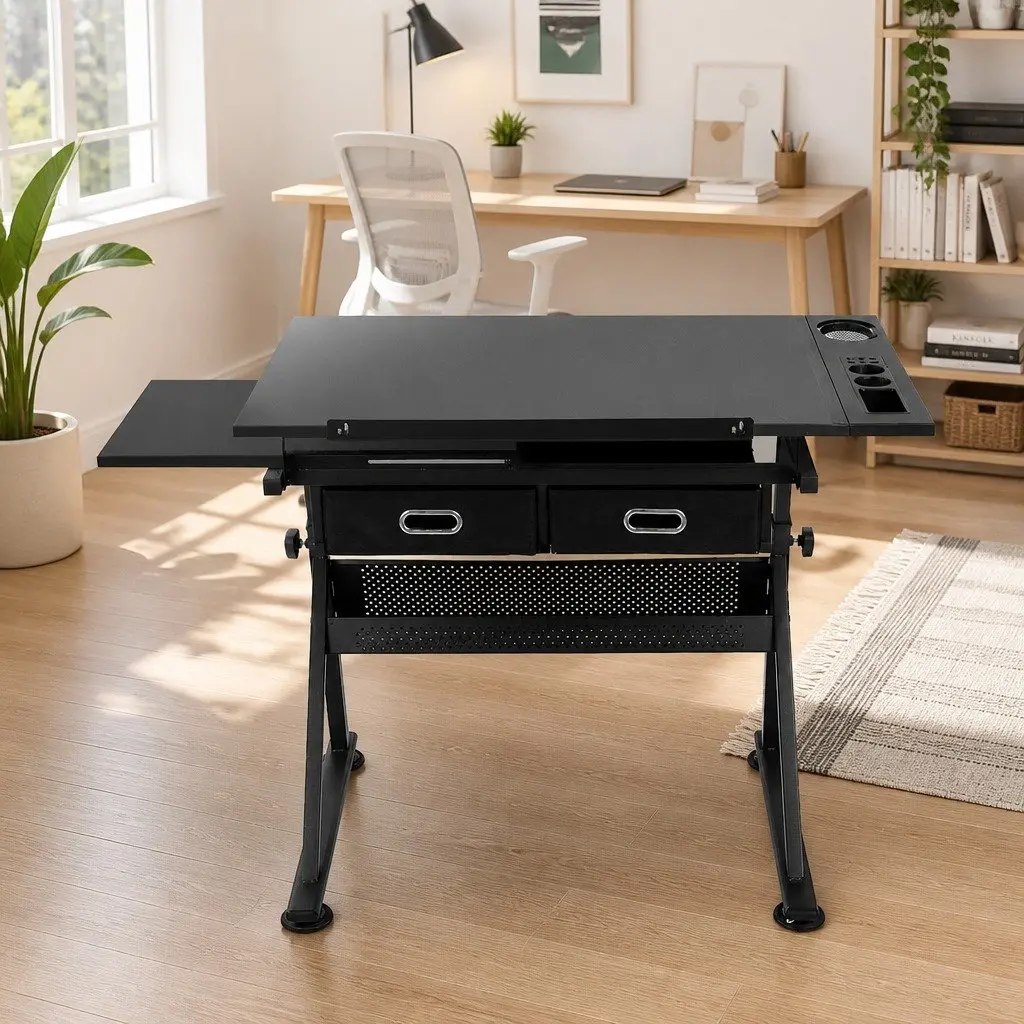 Drawing Desk Stool Set Black Adjustable Tilt Height Angle