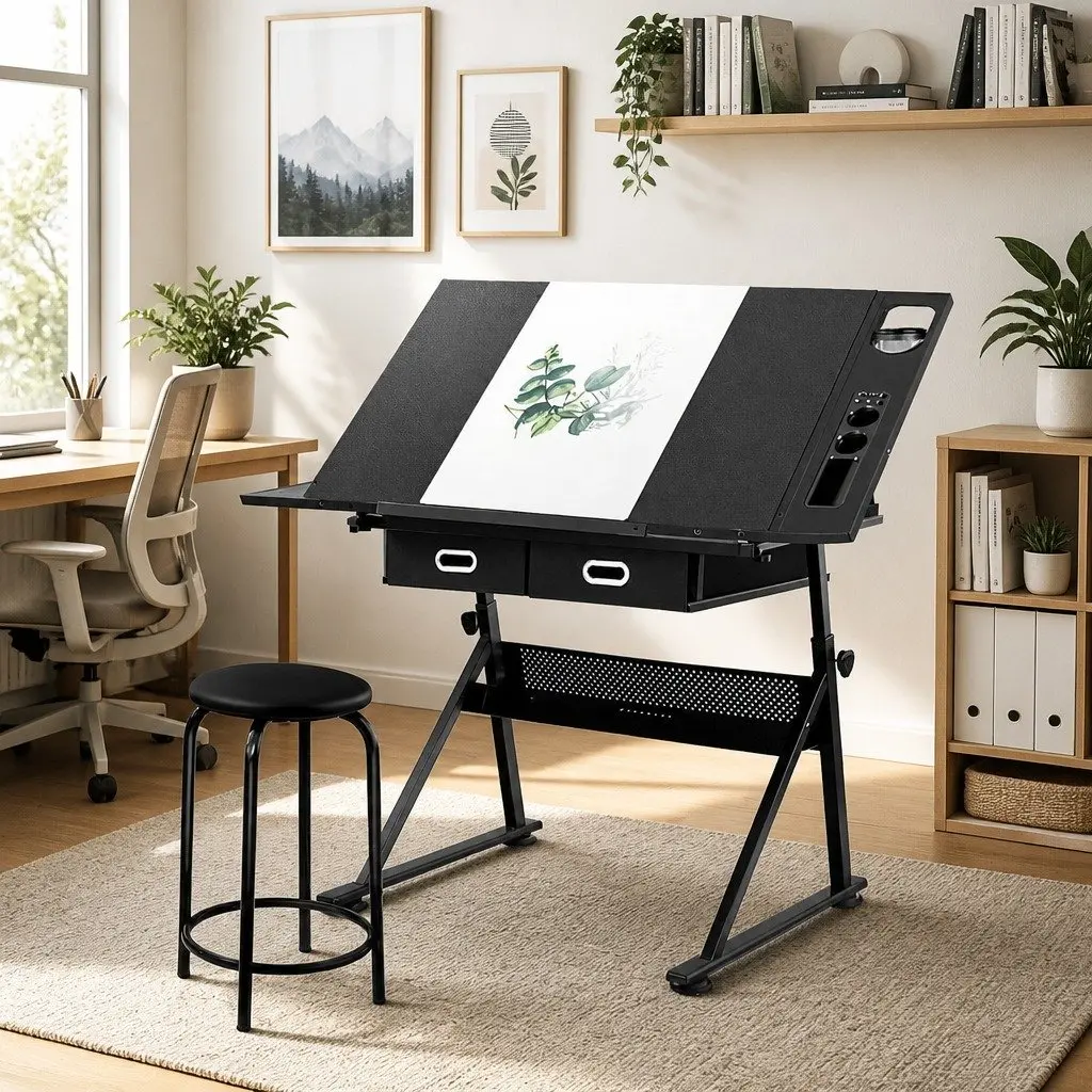 Drawing Desk Stool Set Black Adjustable Tilt Height Angle