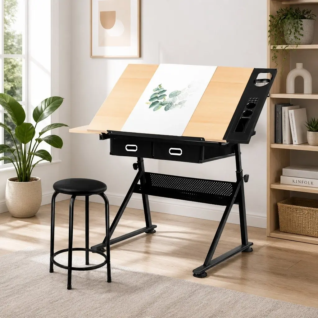 Drafting Table Natural Black Adjustable Tilt Top Stool Set