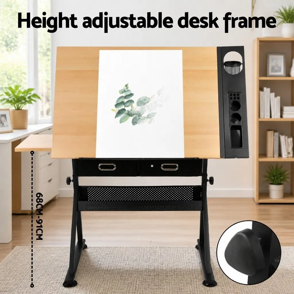 Drafting Table Natural Black Adjustable Tilt Top Stool Set