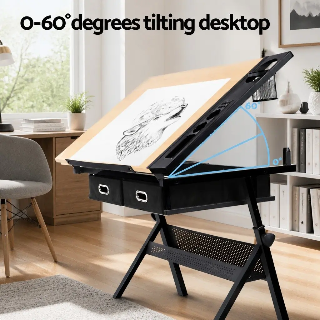 Drafting Table Natural Black Adjustable Tilt Top Stool Set