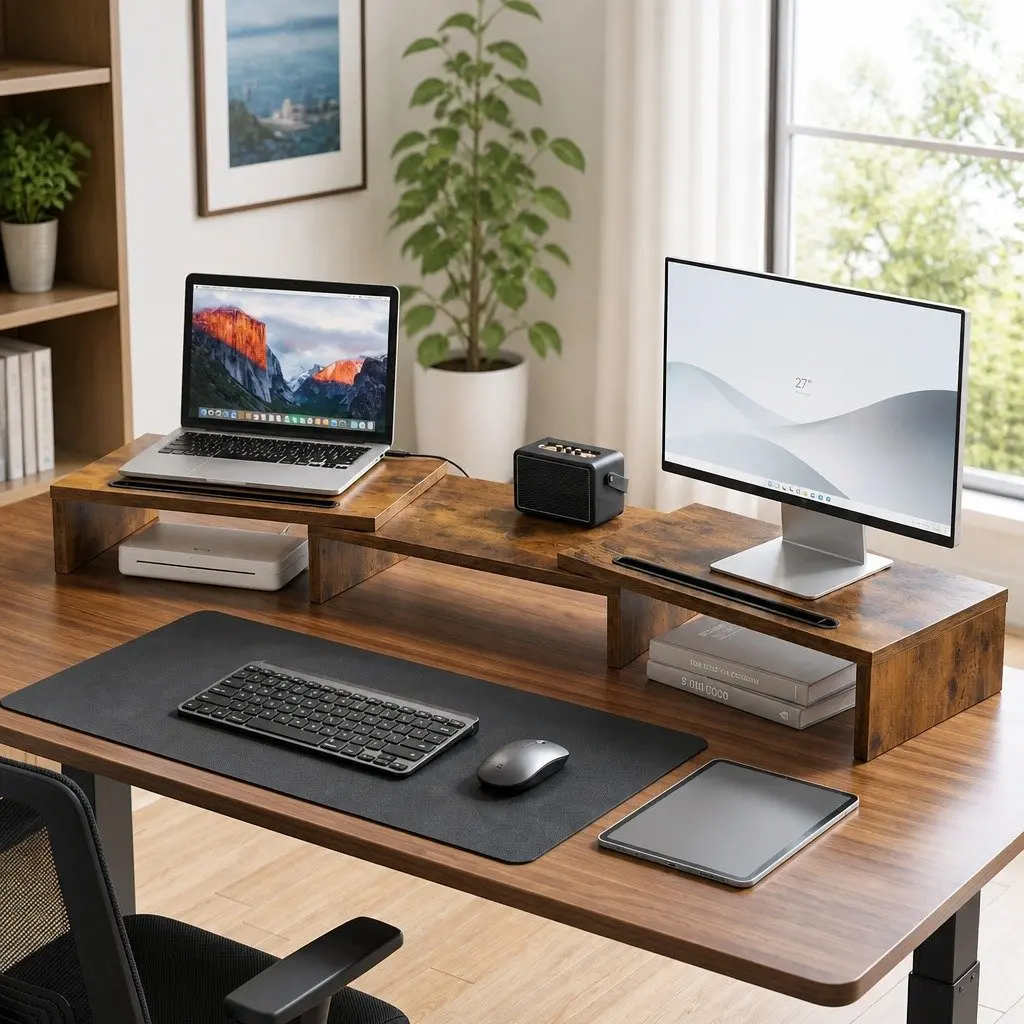 Dual Monitor Stand Riser Brown Ergonomic Rotating Top with Tablet Slot and Underneath Storage