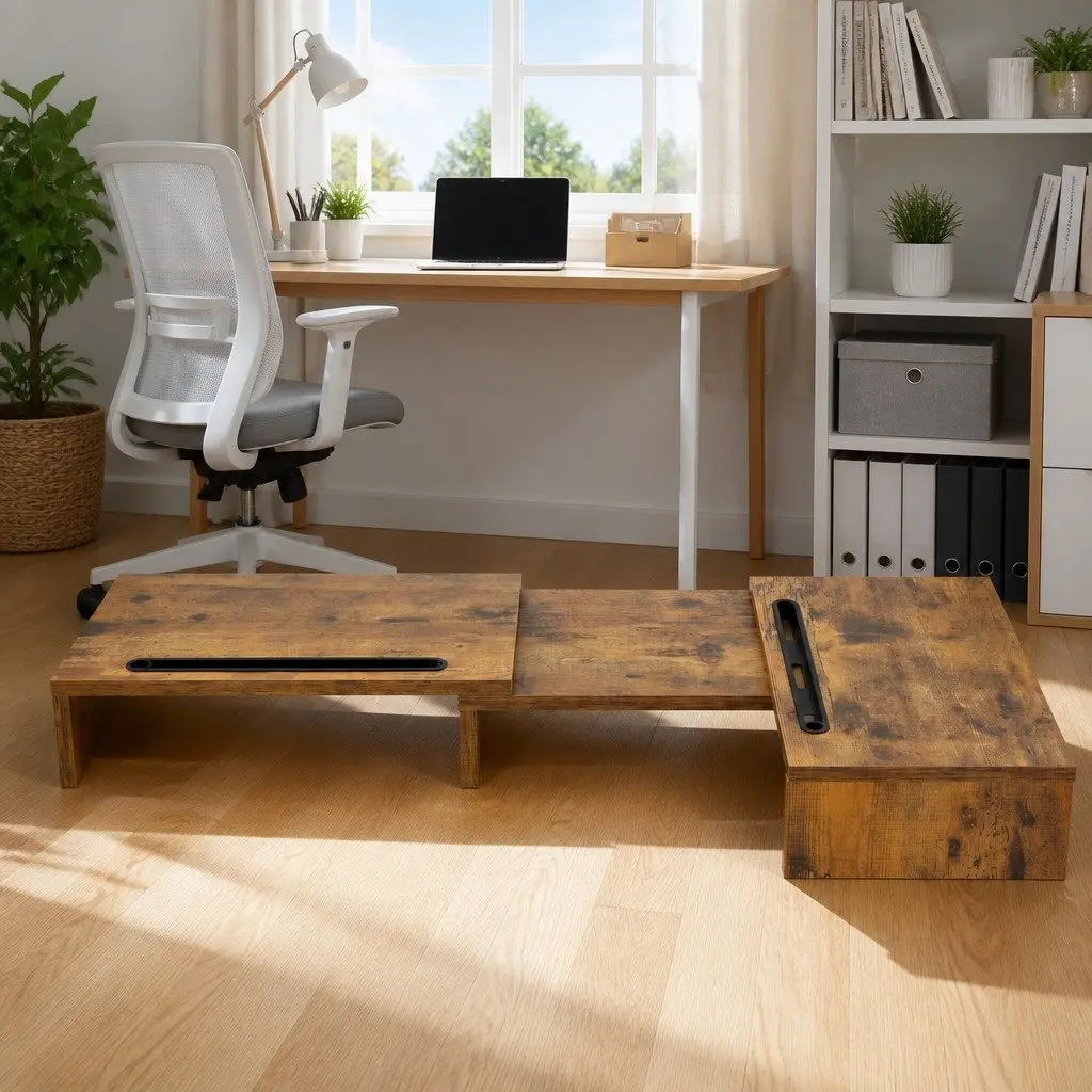Dual Monitor Stand Riser Brown Ergonomic Rotating Top with Tablet Slot and Underneath Storage
