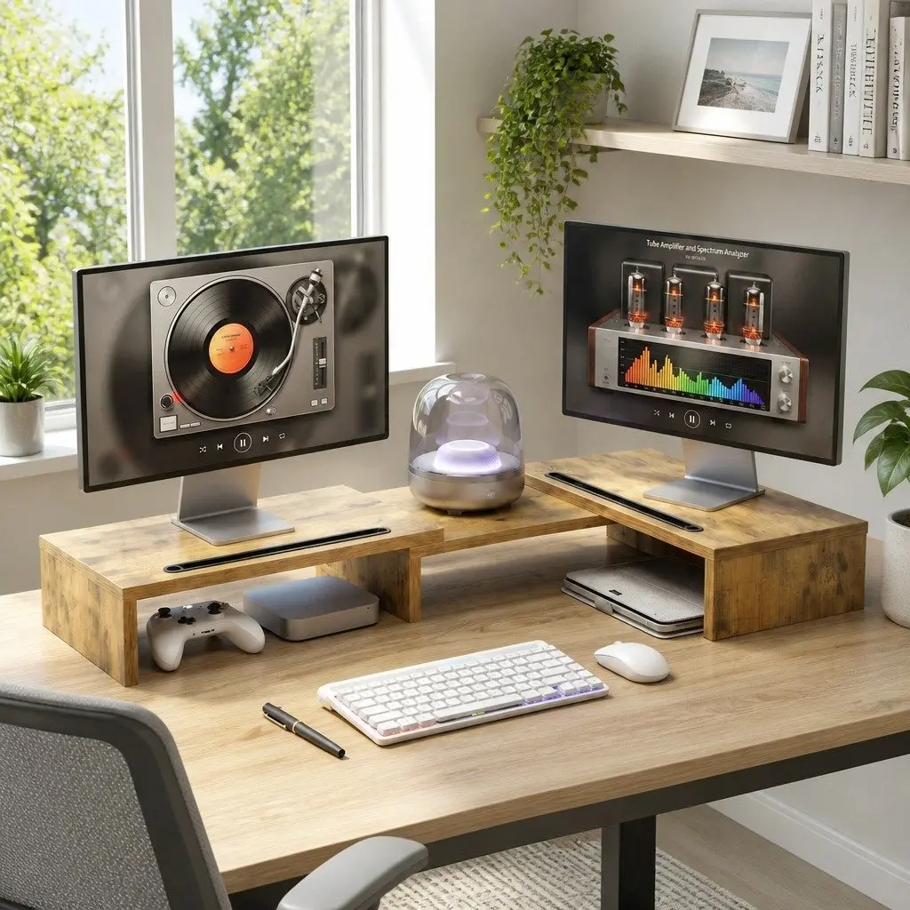 Dual Monitor Stand Riser Brown Ergonomic Rotating Top with Tablet Slot and Underneath Storage