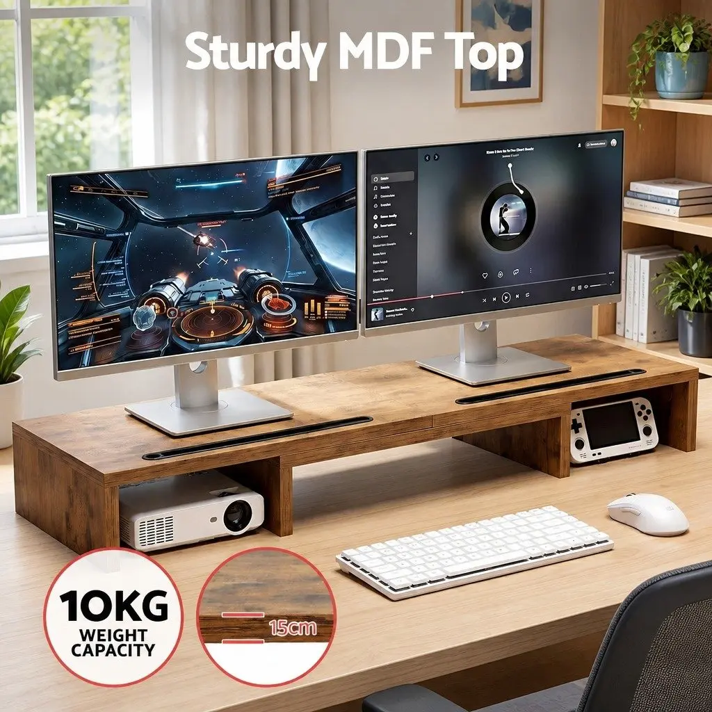 Dual Monitor Stand Riser Brown Ergonomic Rotating Top with Tablet Slot and Underneath Storage