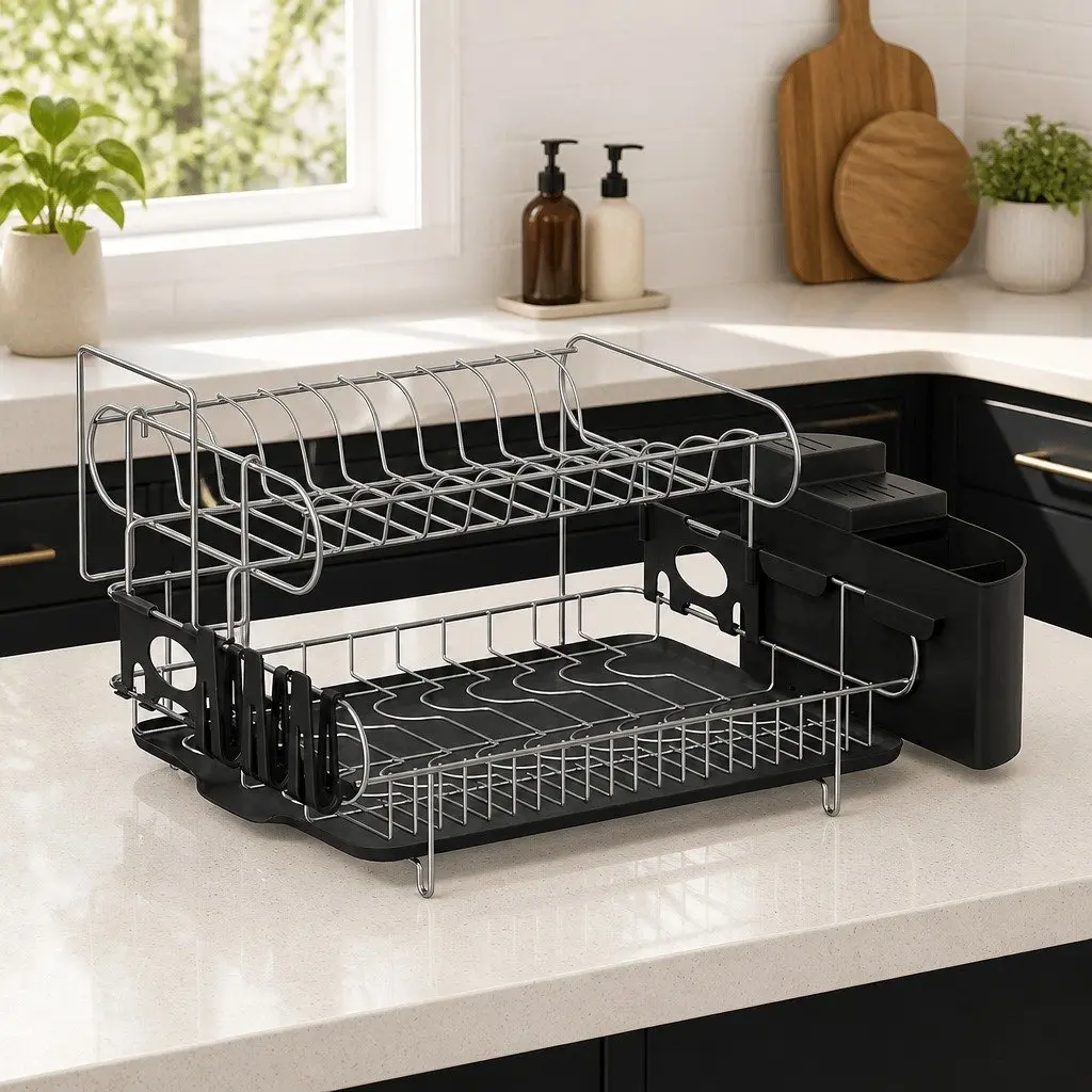 2-Tier Dish Rack Drying Drainer with Cutlery Tray Cup Holder Kitchen Organiser