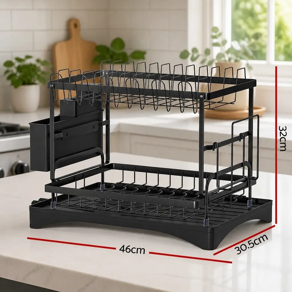 Dish Rack Black 2 Tier Expandable Drying Drainer with Cutlery Holder Tray