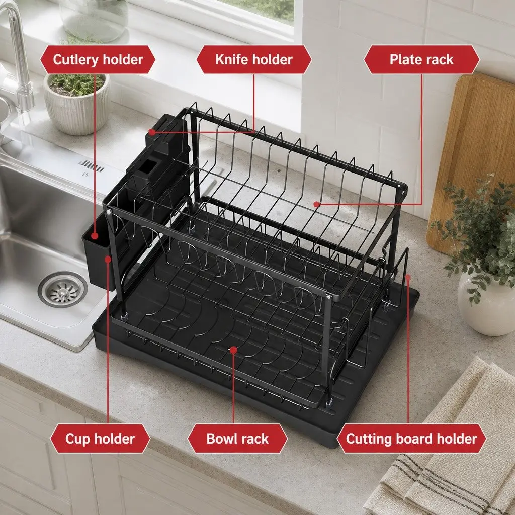 Dish Rack Black 2 Tier Expandable Drying Drainer with Cutlery Holder Tray