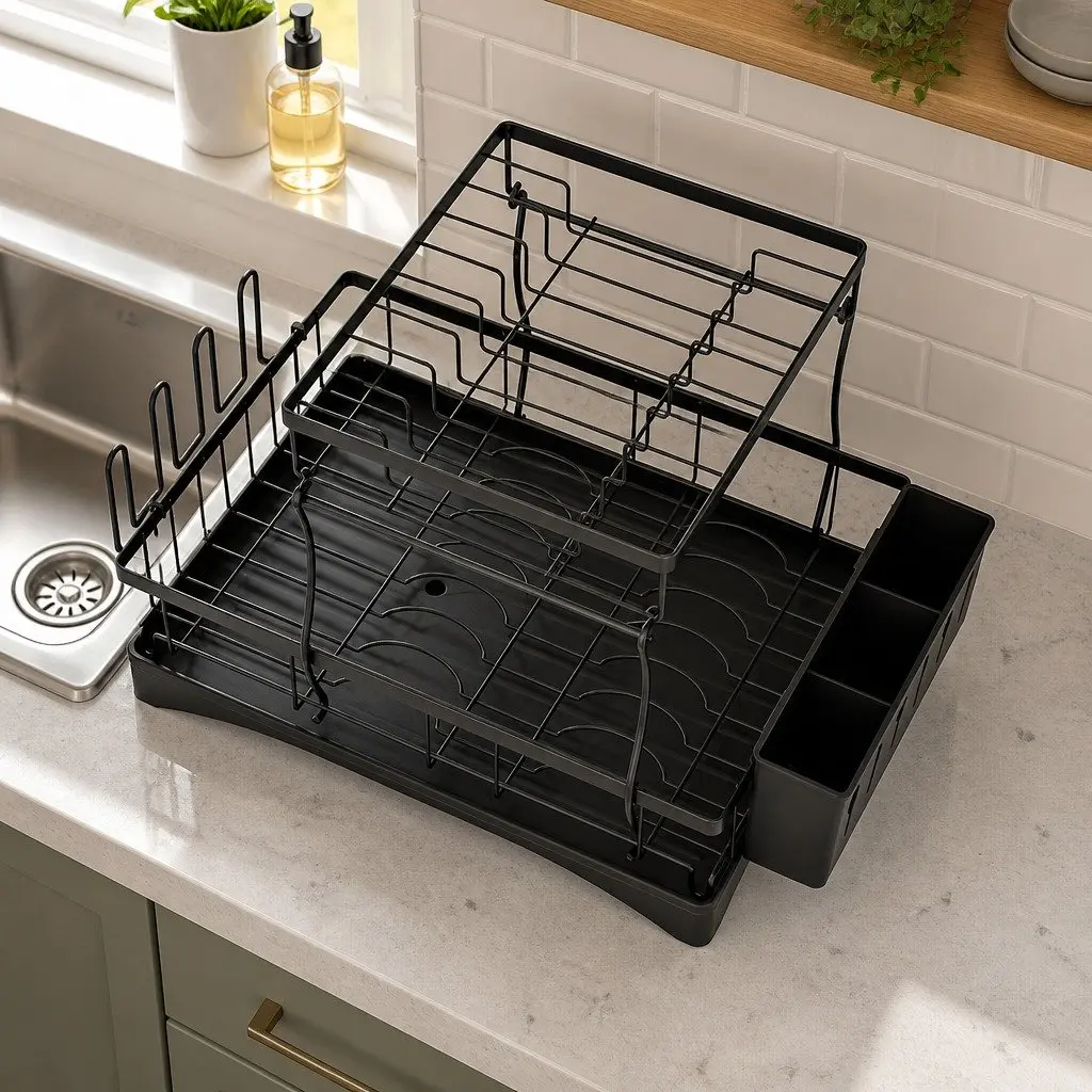 2 Tier Dish Rack Expandable Kitchen Drying Drainer with Cutlery Holder Black