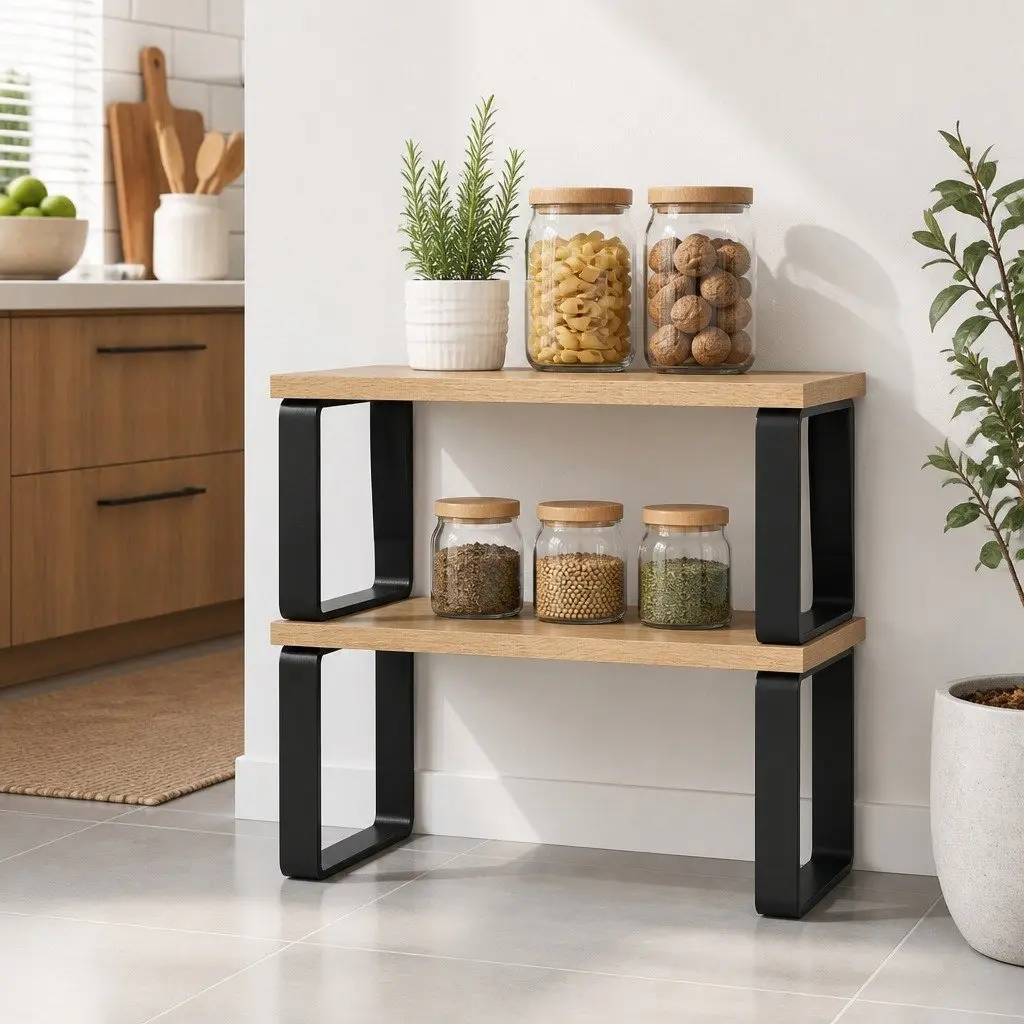 Kitchen Storage Shelves Rack Organiser Set of 2 Pine Wood Metal Cabinet
