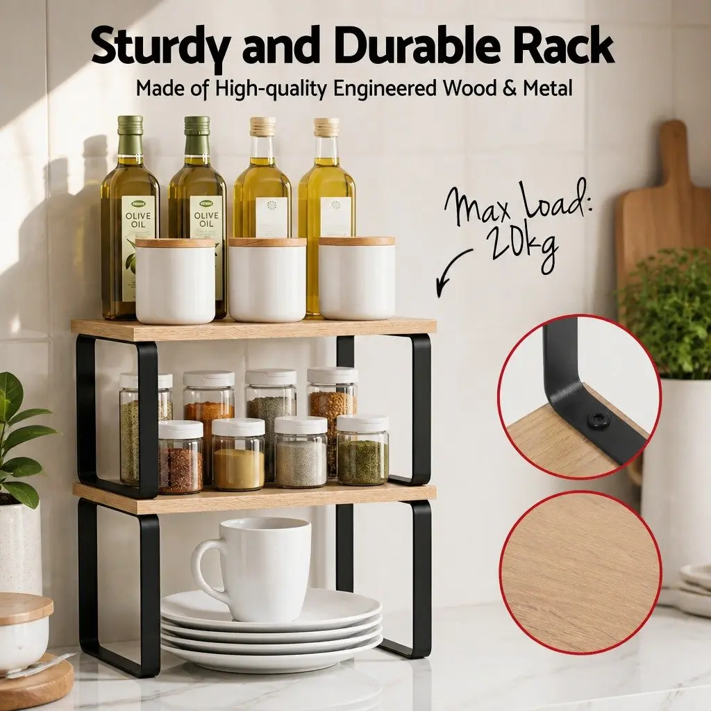 Kitchen Storage Shelves Rack Organiser Set of 2 Pine Wood Metal Cabinet
