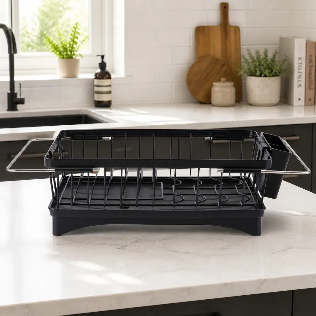 Dish Drying Rack Black Collapsible Over Sink Auto-drainage System 360° Swivel Drain Spout