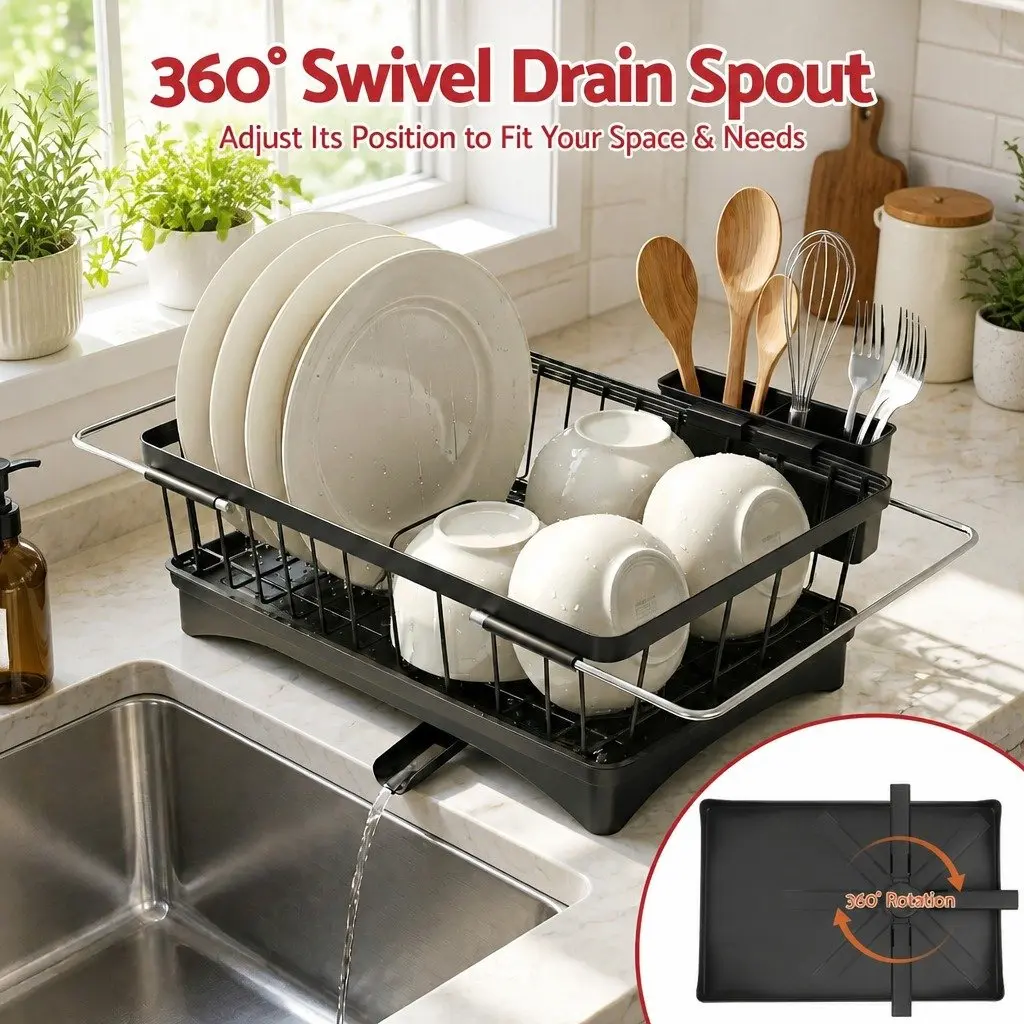 Dish Drying Rack Black Collapsible Over Sink Auto-drainage System 360° Swivel Drain Spout