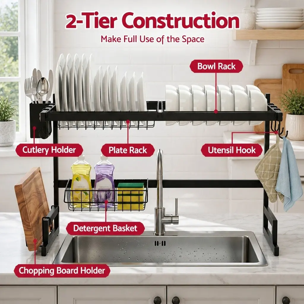 Dish Drying Rack 2 Tier Over Sink Kitchen Organiser Storage Drainer Black