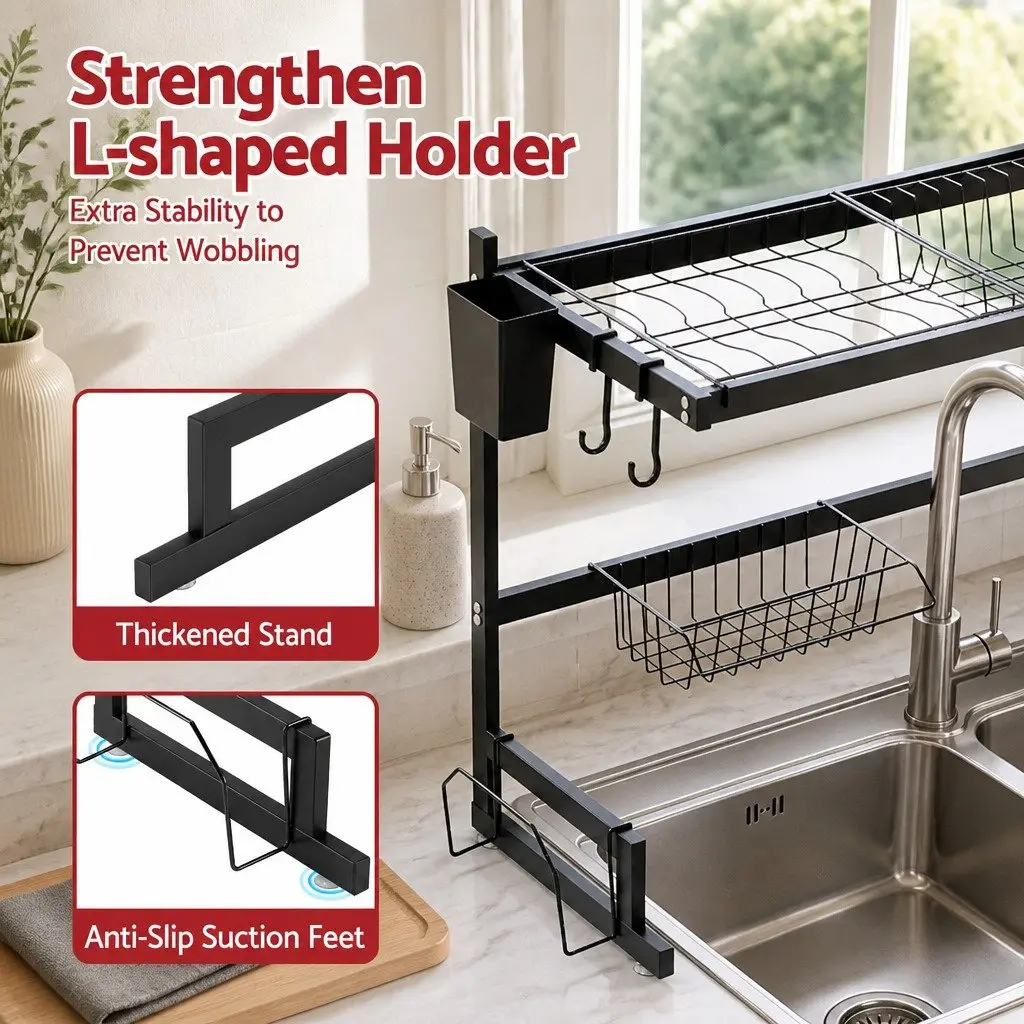 Dish Drying Rack 2 Tier Over Sink Kitchen Organiser Storage Drainer Black