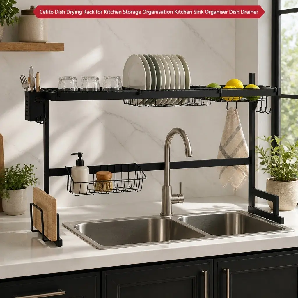 Dish Drying Rack Black 2 Tier Over Sink Organiser Storage