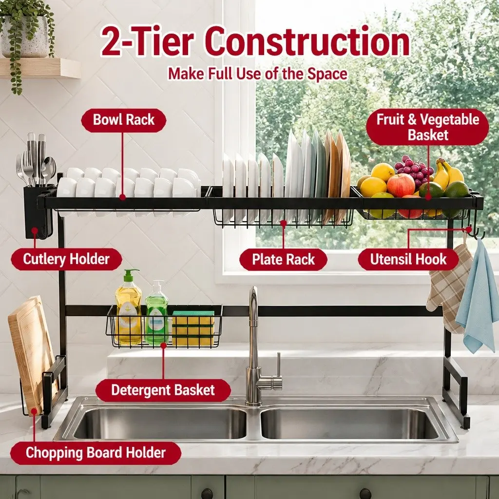 Dish Drying Rack Black 2 Tier Over Sink Organiser Storage