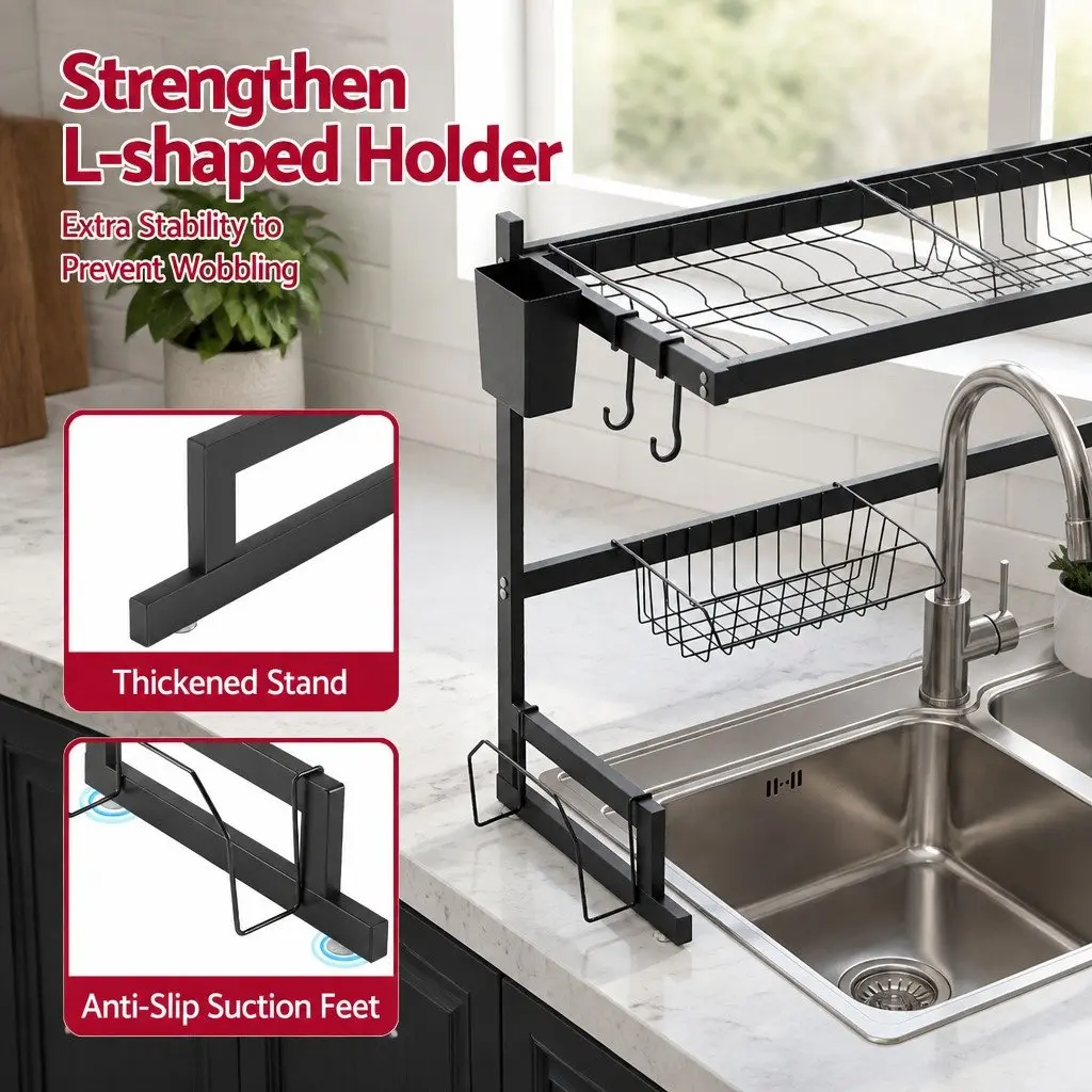 Dish Drying Rack Black 2 Tier Over Sink Organiser Storage