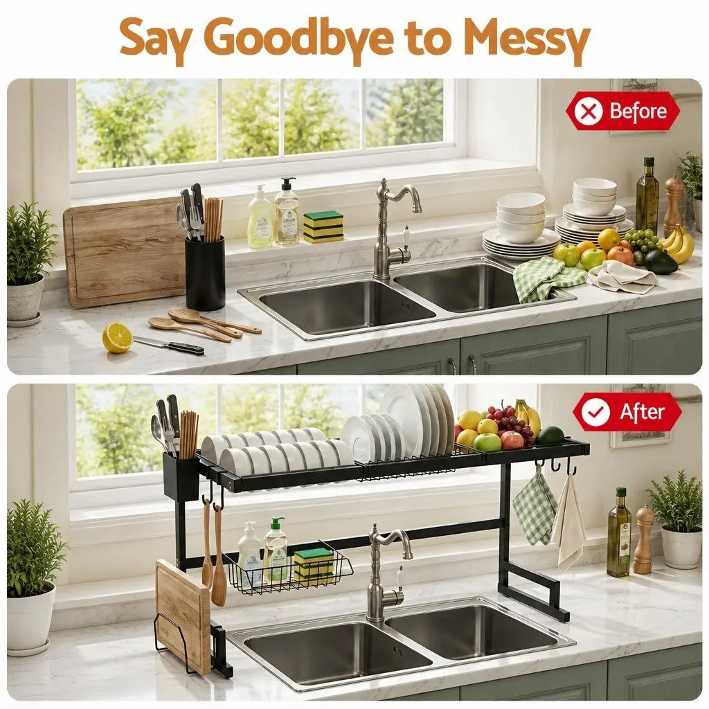 Dish Drying Rack Black 2 Tier Over Sink Organiser Storage