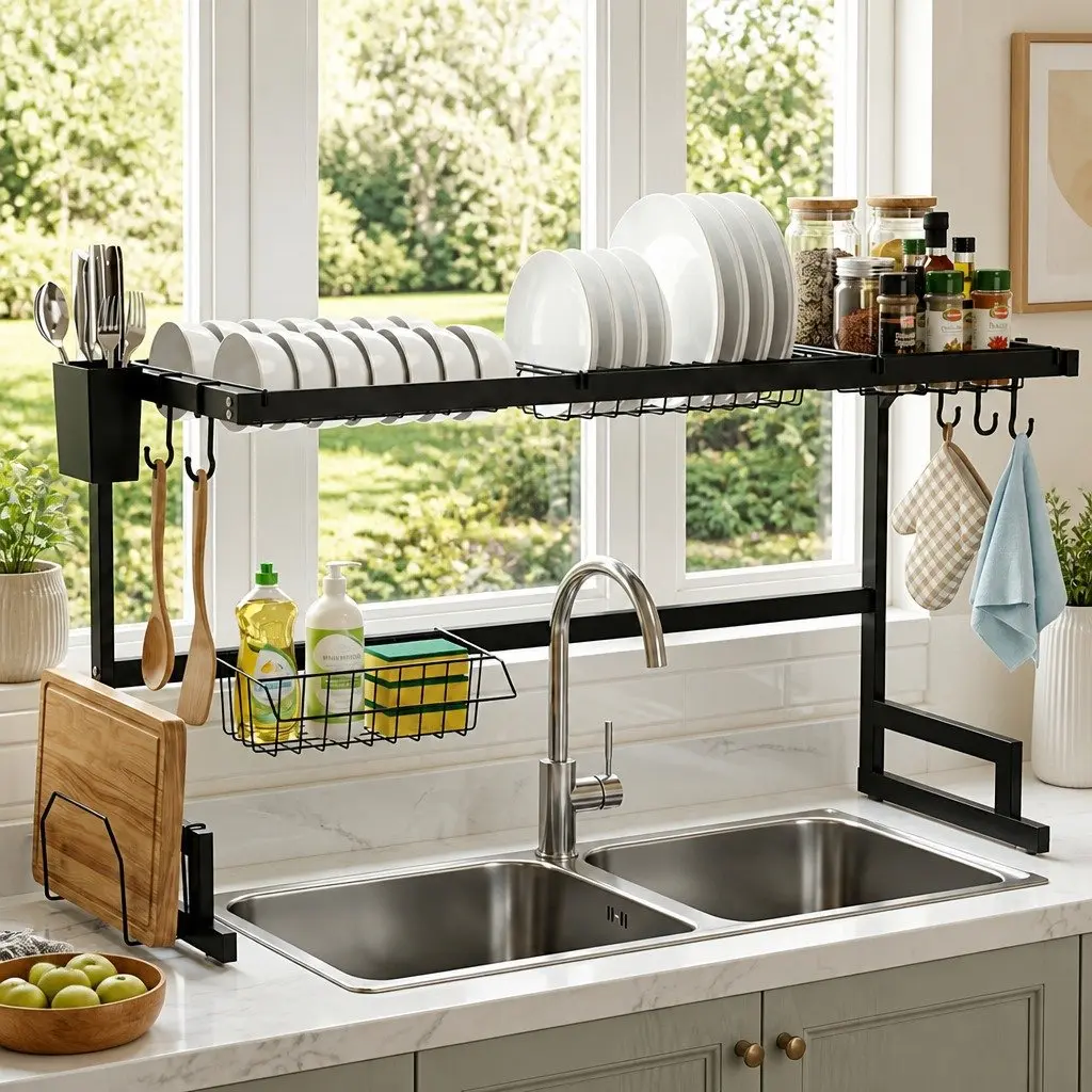 Dish Drying Rack Black 2 Tier Over Sink Organiser Storage
