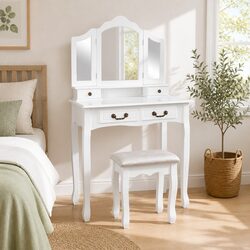 Compact White Dressing Table Stool Set with Storage