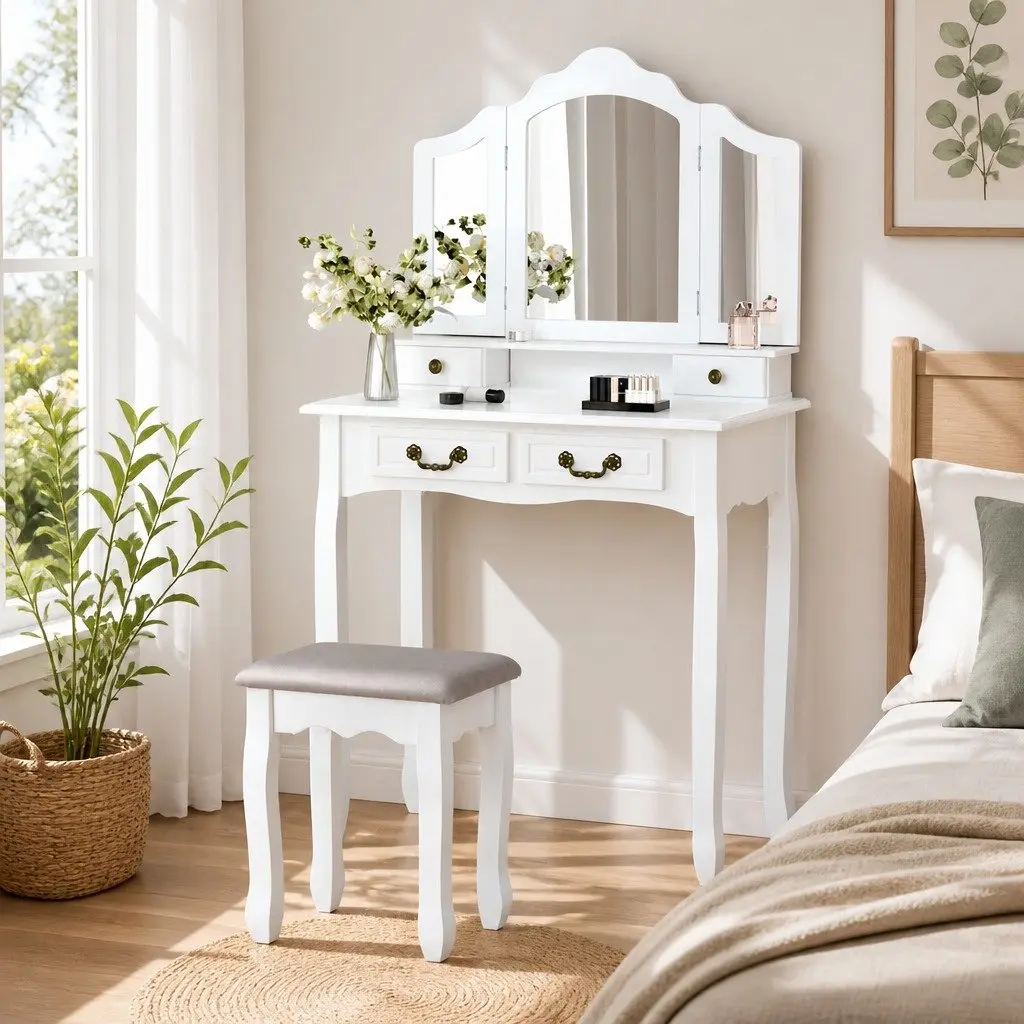 White Dressing Table Stool Set with Storage