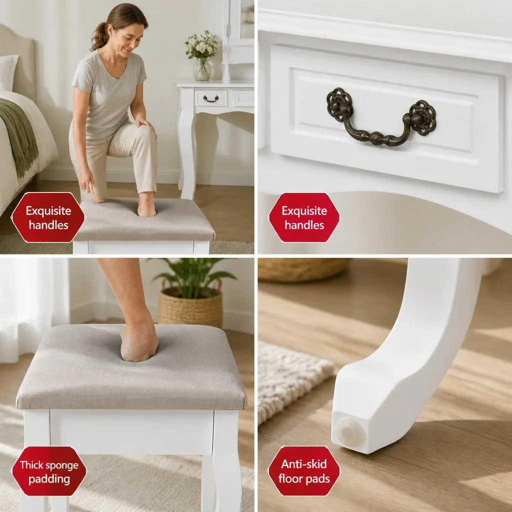 White Dressing Table Stool Set with Storage