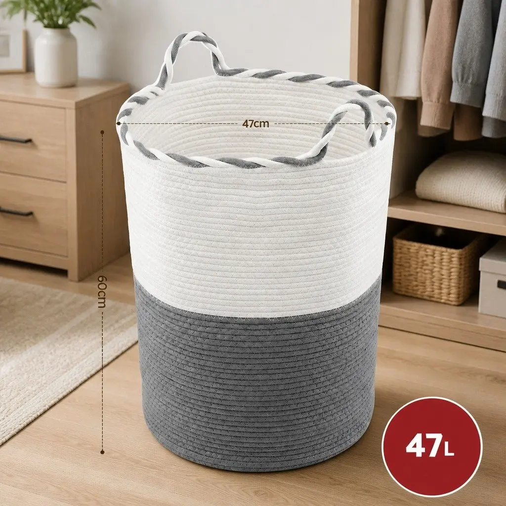 Woven Laundry Basket White Grey 47L Foldable Cotton Rope with Handles